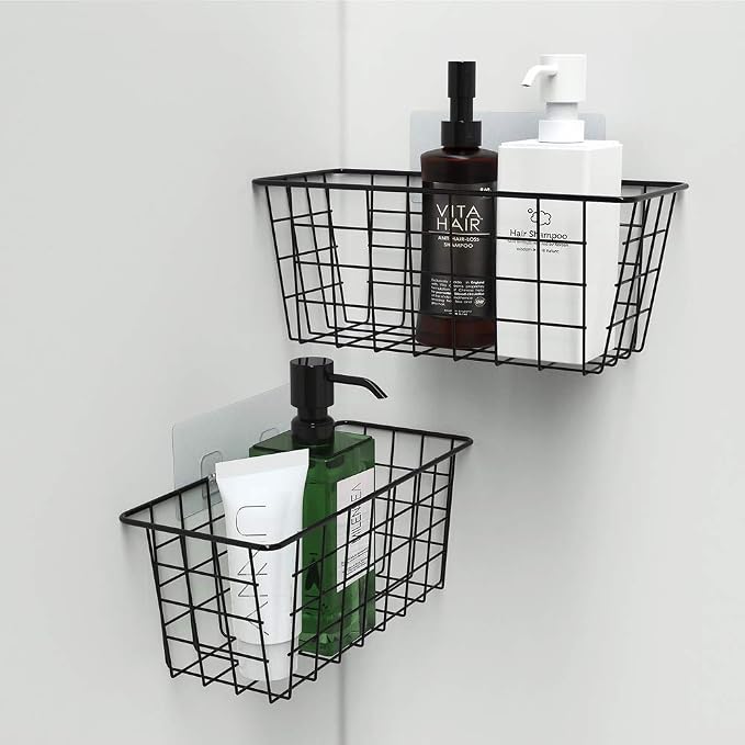 MaraFansie Hanging Kitchen Baskets, 2 Pack Wire Storage Basket Over Cabinet Door Organizer with Adhesive Hooks, No Drilling Pantry & Cabinet Organization for Kitchen Bathroom, Extra 2 Hooks, Black - Image 9