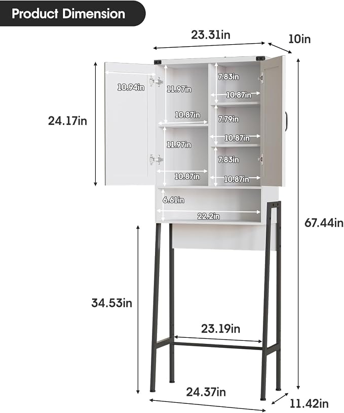 Vabches Over The Toilet Storage Cabinet with 2-Door Design Bathroom Organizers and Storage with Anti-Tip Device Over Toilet Organizer with Shelves for Bathroom,Restroom,Laundry White - Image 2