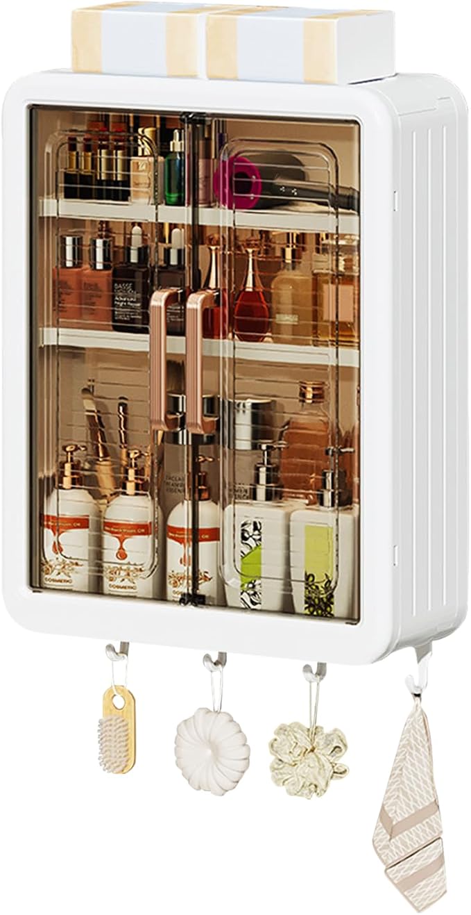 DASITON Wall Mounted Large Capacity Makeup Organizer,Dustproof Cosmetic Organizer,Bathroom Organizers and Storage,Skincare Organizers for Vanity,Bedroom(White 01) by DASITON