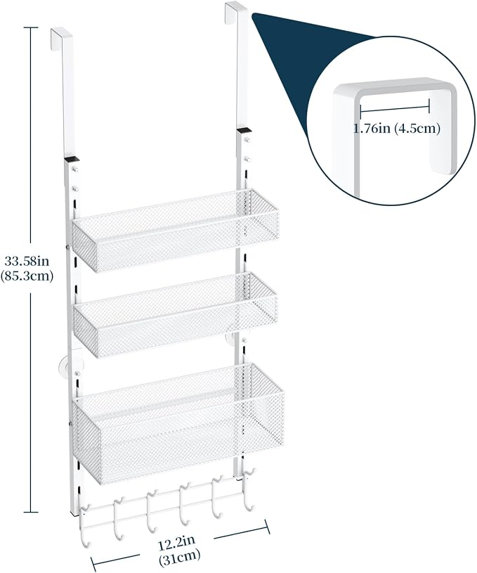 Consumest Over The Door Hooks Organizer - 4 Tier Door Coat Rack with 3 Baskets & 12 Hooks, Stainless Steel Towel Hanger for Bedroom, Bathroom, Living Room, White - Image 7
