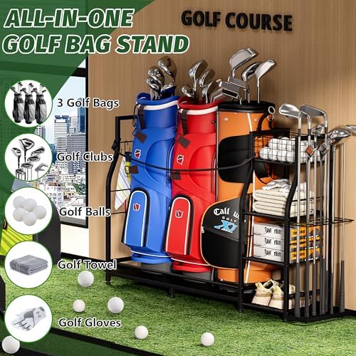 Golf Bag Stand for Golf Bag Accessories, Golf Bag Storage Organizer Fits 3 Bags for Garage Organization, Golf Organizer with Extra Storage Rack for Golf Clubs & Golf Essentials, Golf Gifts for Men - Image 4