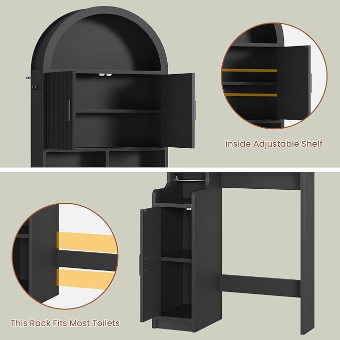 Itaar Arched Over The Toilet Storage Cabinet, 78.7" H Fluted Bathroom Organizer with Reversible Side Cabinet, Adjustable Shelves, Anti-Tipping, Hooks & Paper Holder for Bathroom Laundry Room, Black - Image 8