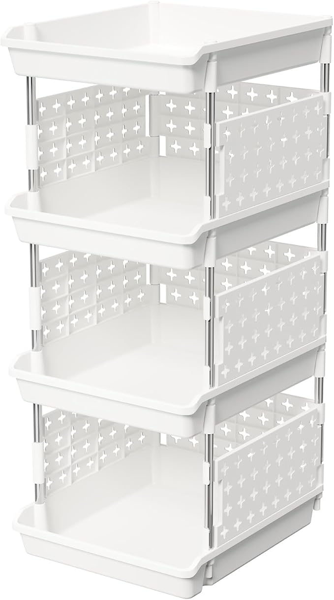 Lifewit Plastic Stackable Storage Baskets, 4 Tier Stacking Bins for Food and Clothes, Multifunctional Organizer for RV, Kitchen, Playroom, Pantry and Bathroom, 13.8"D x 11.8"W x 28.3"H, 1 Pack, White by Lifewit