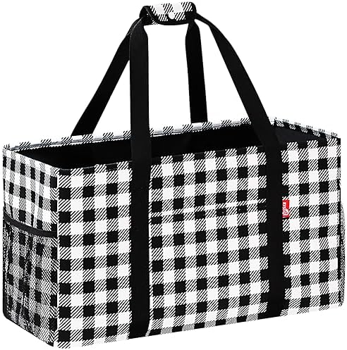 Extra Large Utility Tote Bag, Foldable Reusable Grocery Bags with Metal Wire Frame & Reinforced Bottom Board, Stand up Large Utility Tote for Groceries, Beach Bag, Laundry, Car (Cube Plaid) by RVSNQ