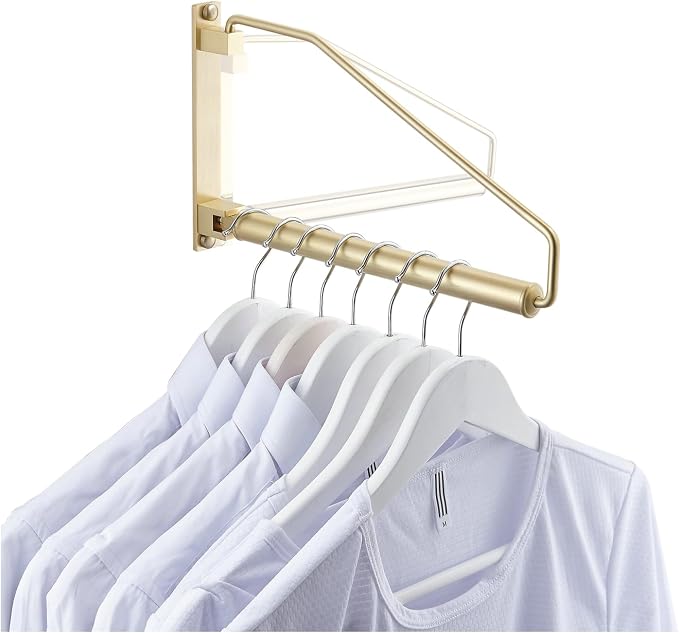 NEWRAIN Folding Wall Mounted Clothes Hanger Rack Clothes Hook Solid Brass with Swing Arm Holder Clothing Hanging System Closet Storage Organizer Heavy Duty Drying Rack Wall Mount,Brushed Gold - Image 7