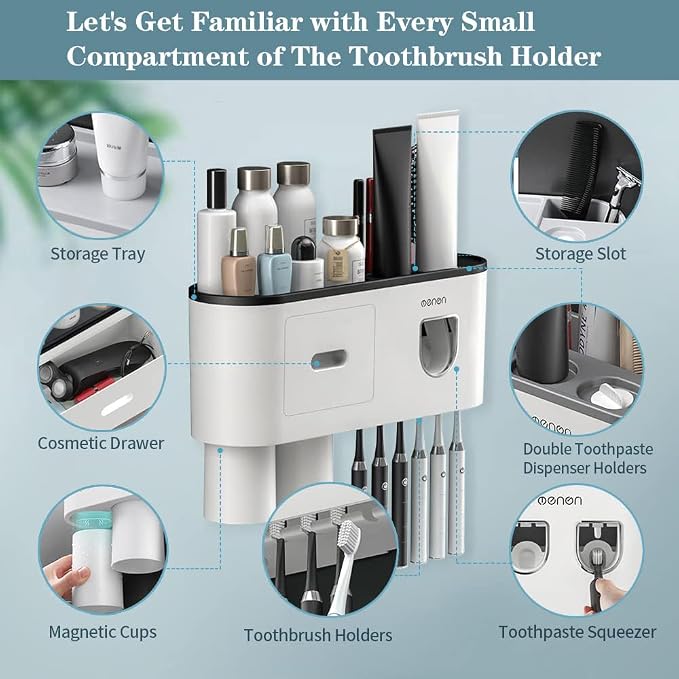Toothbrush Holders Wall Mounted, Toothbrush Holder with Automatic Toothpaste Dispensers, 6 Brush Slots, 2 Magnetic Cups,1 Cosmetic Drawer Organizer and 1 Large Storage Tray - Image 5