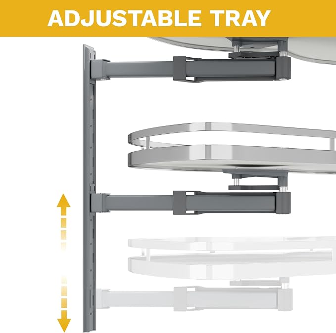 DWVO Corner Cabinet Pull-Out Organizer, 2-Tier Blind Corner Shelf with 270° Swing-Out Tray, Left Swing, Heavy-Duty Chrome Plated Iron, 32.7"x17.3"x21.3", Gray - Image 4