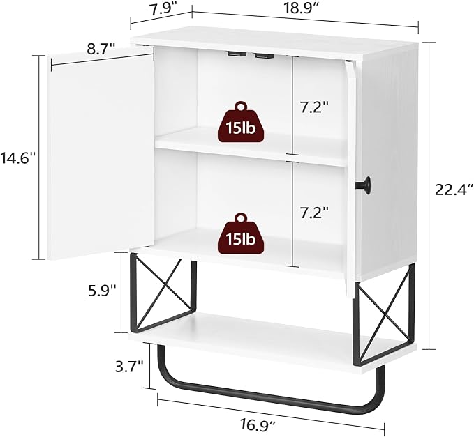 MAHANCRIS Bathroom Wall Cabinet with 2 Door and Adjustable Shelf, Farmhouse Medicine Cabinet with Towel Rack, 3-Tier Wall Mounted Storage Cabinet Over The Toilet for Bathroom, 18.9" L, White - Image 3