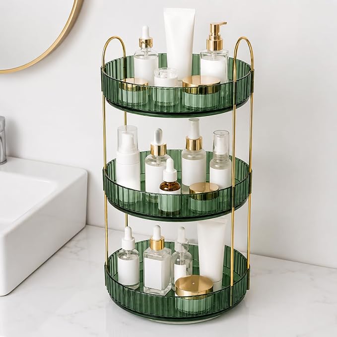 360° Rotating Organizer, Lazy Susan Bathroom Counter Organizer for Perfume, Skincare, Makeup & Cosmetic Storage, Vanity Countertop Organizer, Green, 3-Tier by Unknown