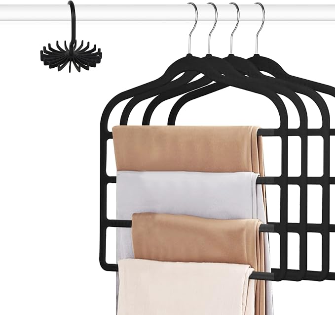 Tinfol Velvet Pants Hanger Space Saving, 4pc Black Non-Silp Velvet Hangers with Hook, Multi Tier Ultra Thin Trousers Hangers, Closet Clothes Hanger Organizer Storage for Trousers, Scarves, Jeans by Tinfol