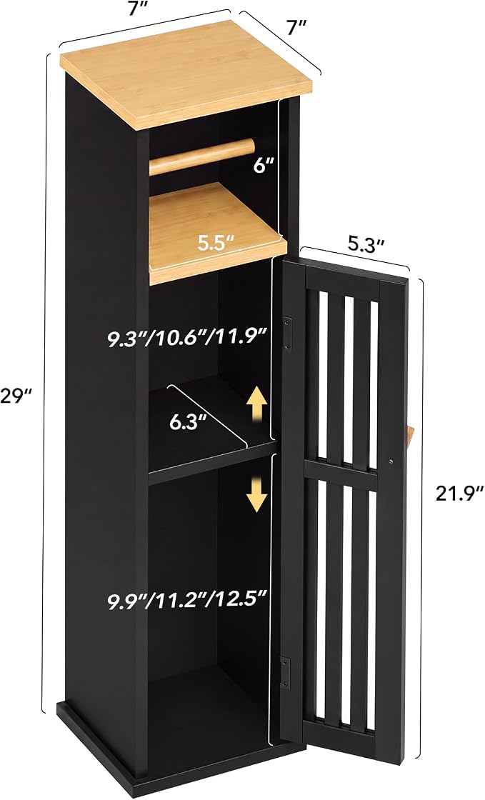 Narrow Bathroom Storage Cabinet with Toilet Paper Holder, Black - Image 2