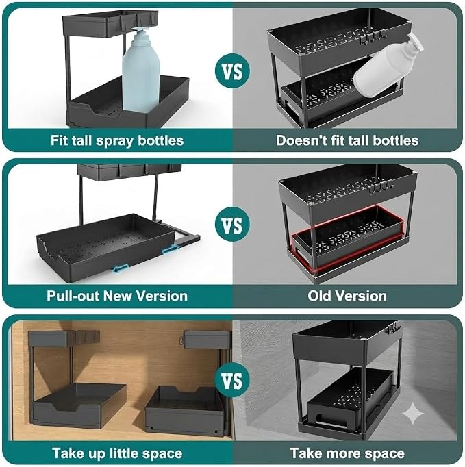 NATURE'S SOURCE 2 Pack Under Sink Organizer 2 Tier Sliding Cabinet Organizers Multi-Purpose Sink Storage Basket L-Shape Narrow Space Storage Shelves with 4 Hook for Kitchen Bathroom Drawer, Black - Image 4