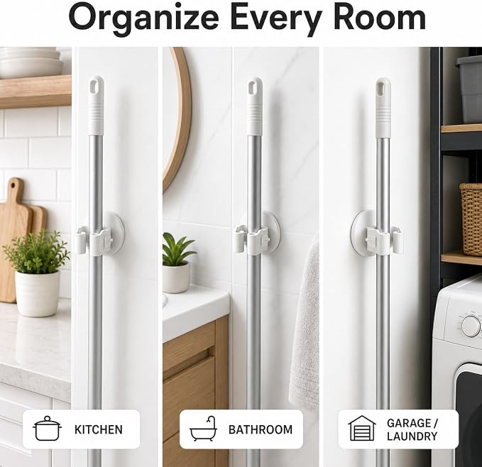 Broom and Mop Holder, Wall Mounted Round Clips, White ABS, No Drill Adhesive, 3 Pieces, Cleaning Tool Organizer for Kitchen, Bathroom, Garage - Image 3