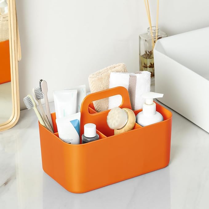 Multiuse Caddy Organizer with Handle, Portable Divided Plastic Tote Bin - Art Craft, Stationary Pen Marker Crayon, Makeup Hair Supplies Storage - Bathroom, Classroom, Dorm, Office, Desk Holder -Orange - Image 3