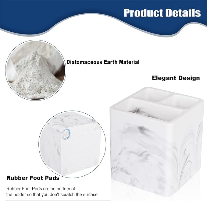 Diatomite Toothbrush Holders Tooth Brush Organizer, 2 Pack, Marble White - Image 4