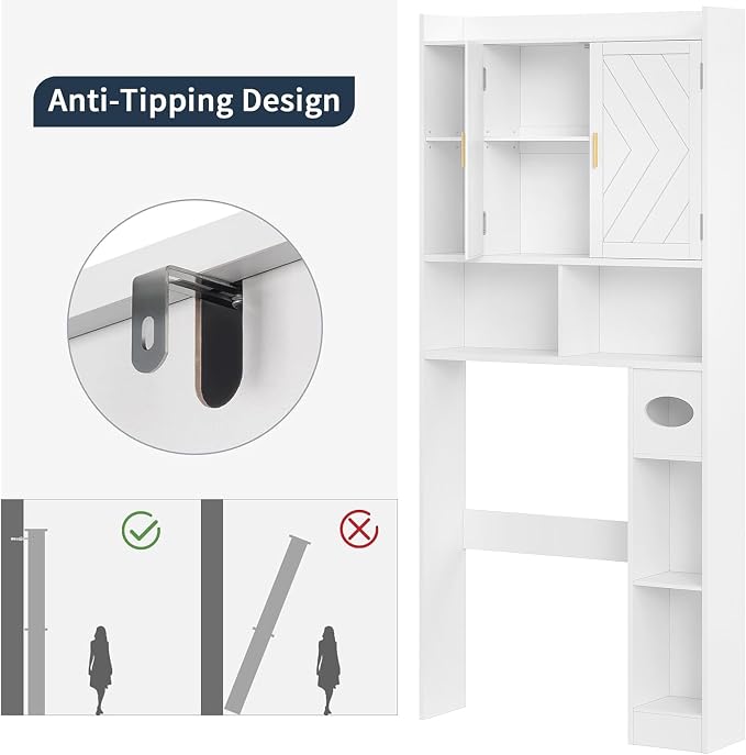 VECELO Over The Toilet Storage Cabinet, Storage Cabinet Over Toilet with Adjustable Shelves & Toilet Paper Holder Stand, Home Space-Saving Toilet Storage, for Bathroom, Restroom, Laundry, White - Image 6