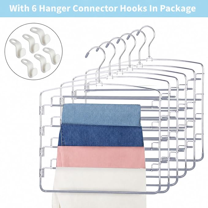 Pants Hangers 6 Pack 5 Layers Multi Functional Pants Rack Swing Arm Space Saver Hanger for Trousers Jeans Towels Scarf （Grey） - Image 6