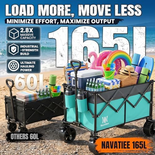 Navatiee 330Lbs Collapsible Folding Wagon, Beach Wagon Cart Heavy Duty Foldable with Big Wheels, Utility Grocery Wagon with 165L Large Capacity for Camping Garden Sports, Light Blue - Image 2