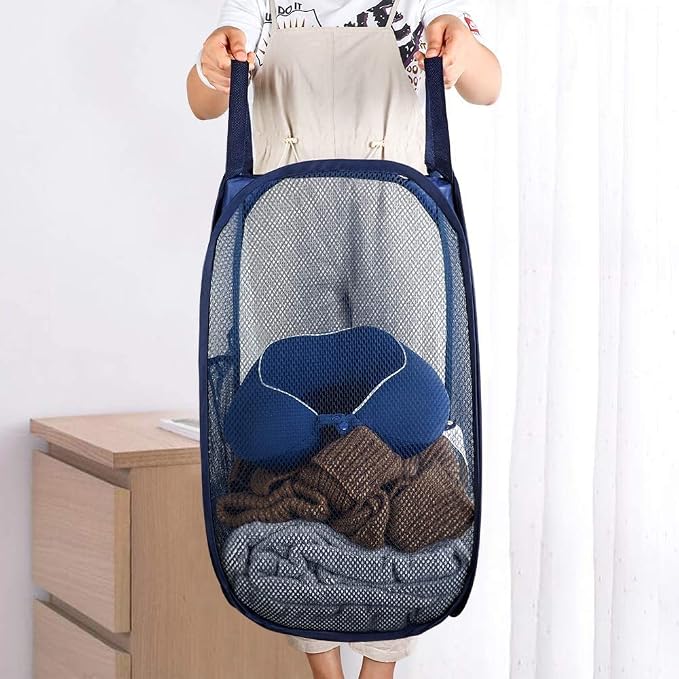 Larpur Popup Mesh Laundry Basket, Collapsible Clothes Washing Laundry Hamper with Reinforced Carry Handles, Portable Foldable Dirty Clothes Hamper for Home Dorm Cruise Travel (Blue) - Image 6
