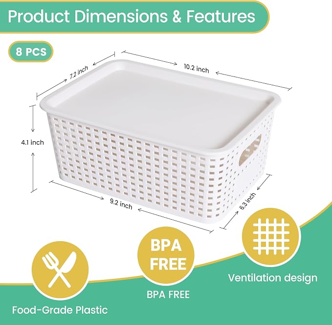 Ohmlove 8 Pack Plastic Storage Baskets with Lids for Organization - Image 2