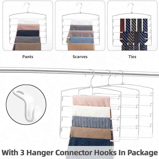 Pants Hangers Space Saving 3 Pack 5 Layer Swing Arm Hanger White - Image 5