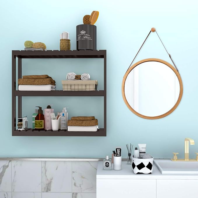 Domax Bamboo Bathroom Shelf 3-Tier Wall Mount Storage Rack Multifunctional Adjustable Layer Free Standing Over Toilet Utility Shelves Living Room Kitchen (Brown) - Image 2