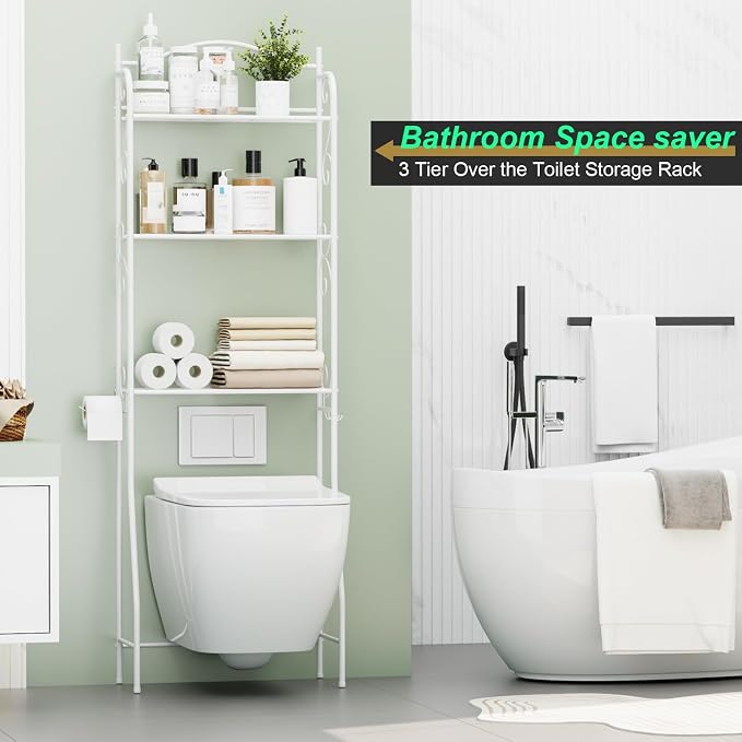 HOME BI Over The Toilet Storage Shelf, 3-Tier Over Toilet Bathroom Organizer Rack, Freestanding Space Saver Toilet Stands with Hooks (White) - Image 6