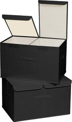 2 Pack Storage Boxes with Lids and Handles, Collapsible Linen Storage Bins Organizer Containers Baskets Cube with Removable Divider for Home Bedroom Closet Office (Black, XL) by Unknown