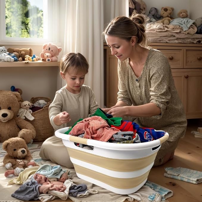 SAMMART 40L (10.5 gallon) Plastic Foldable Laundry Basket/Tub - Collapsible, Space Saving and Portable Laundry Hamper, Ideal for Home, Travel, Dorm, and Camping (1, White/Beige) - Image 4