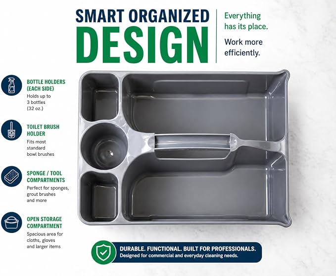 Libman Maid Caddy Cleaning Organizer, Heavy-Duty Janitorial Carry Caddy with Bottle Holders, Toilet Brush Holder & Tool Compartments, Commercial Cleaning Supply Tote - Image 5
