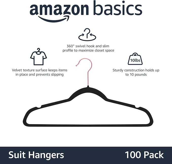 Amazon Basics Slim Velvet Non-Slip Space Saving Suit Clothes Hangers, Closet Organizer, Black/Rose Gold, 100-Pack - Image 2