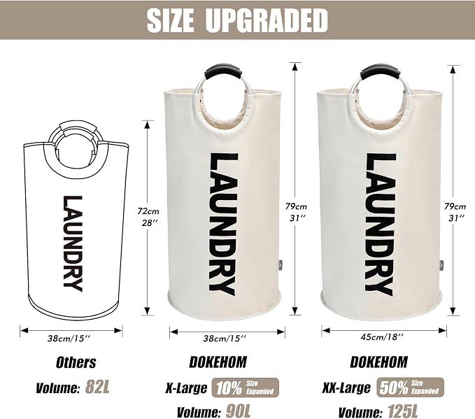 DOKEHOM 125L X-Large Laundry Basket Bag, Collapsible Tall Hamper, Beige - Image 3