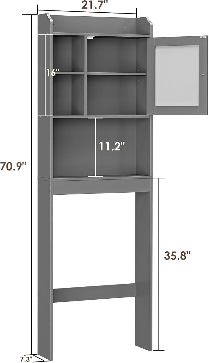ZENY Over The Toilet Storage Cabinet, Bathroom Organizer with Adjustable Shelf and Double Doors, Freestanding Bathroom Space Saver Toilet Rack (Gray) - Image 2