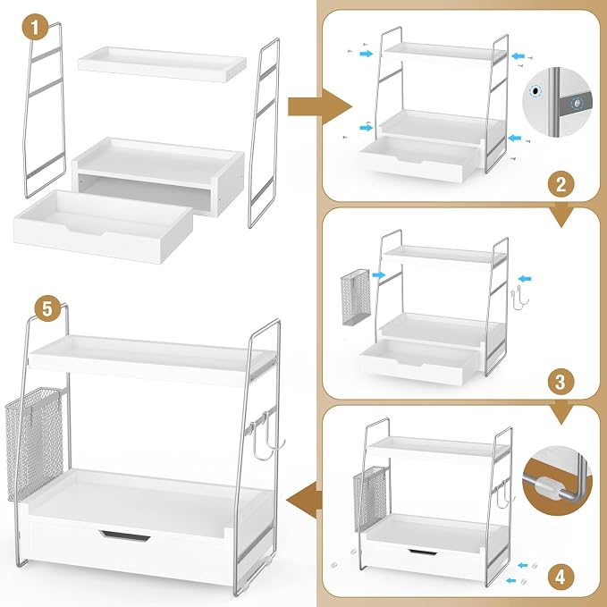 2-Tier Bathroom Counter Organizer with Drawer, Wood Counter Storage Shelf - Image 5