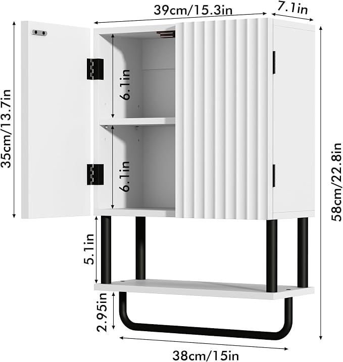 RUSTOWN Fluted Bathroom Wall Cabinet with 2 Doors, 3-Tier Medicine Cabinet - Image 2