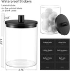 TIPGO Glass Qtip Holder Dispenser - 10 oz Clear Canister Apothecary Jar, Bathroom Vanity Storage Organizer Set for Cotton Swabs, Pads, Floss Picks, Small Containers for Makeup Storage (2 Pack, Black) - Image 3