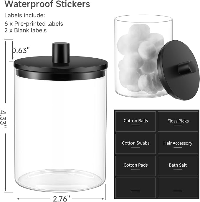 TIPGO Glass Qtip Holder Dispenser - 10 oz Clear Canister Apothecary Jar, Bathroom Vanity Storage Organizer Set for Cotton Swabs, Pads, Floss Picks, Small Containers for Makeup Storage (2 Pack, Black) - Image 3