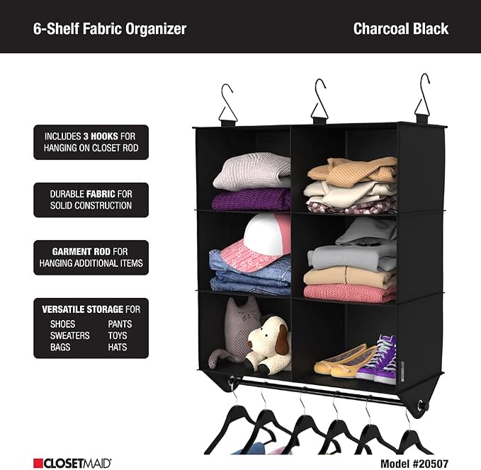 ClosetMaid 6-Shelf Fabric Hanging Closet Organizer with Garment Rod for Shirts, Sweaters, Pants, Hats, Shoes, Purses with Charcoal Black Finish - Image 4