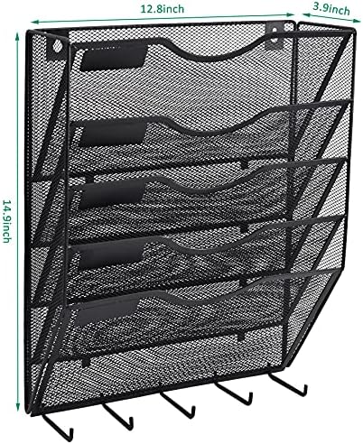 EASEPRES 5 Pocket Mesh Hanging File Organizer with Key Holder Hooks & Nametag Label, Wall Mounted Mail Paper Document Folder Storage Organization Magazine Rack for Office Cubicle, 5 Tier Black - Image 5