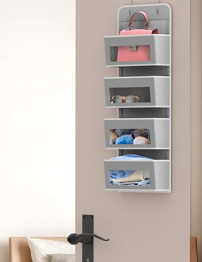 Simple Houseware 4 Clear Window Pocket Over Door Hanging Organizer, Gray - Image 5