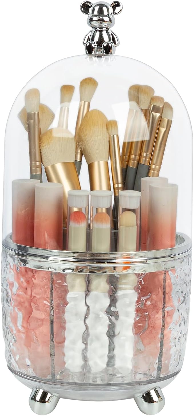 Dezzer Makeup Brush Holder with Lid, 360 Rotating Make Up Organizers with 6 Dividers, Dustproof Make up Brush Pencil Holder for Desk Vanity Bathroom Countertop Office, Clear by Dezzer