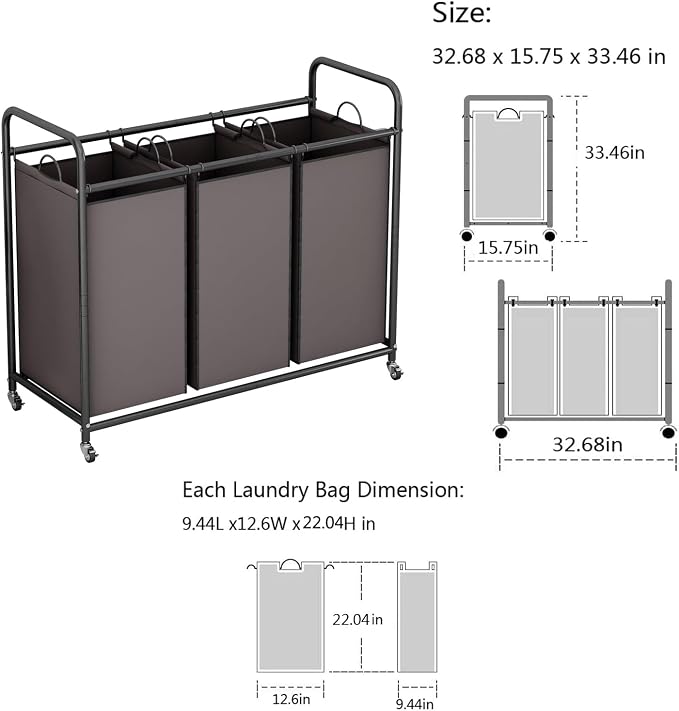 LINZINAR 3-Bag Laundry Sorter,Laundry Hamper Cart with Heavy Duty Rolling Lockable Wheels and Removable Bags (Brown) - Image 5