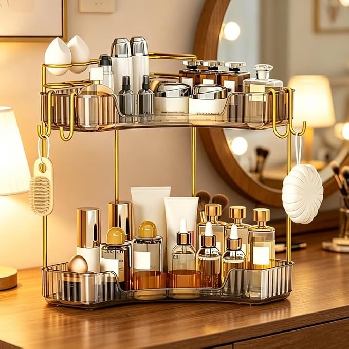 2-Tier Corner Bathroom Counter Organizer，Makeup & Skincare Shelf with Built-in Brush Holder，Space-Saving Bathroom Countertop Organizer for Skincare, Perfume, Cosmetics(Amber) - Image 5