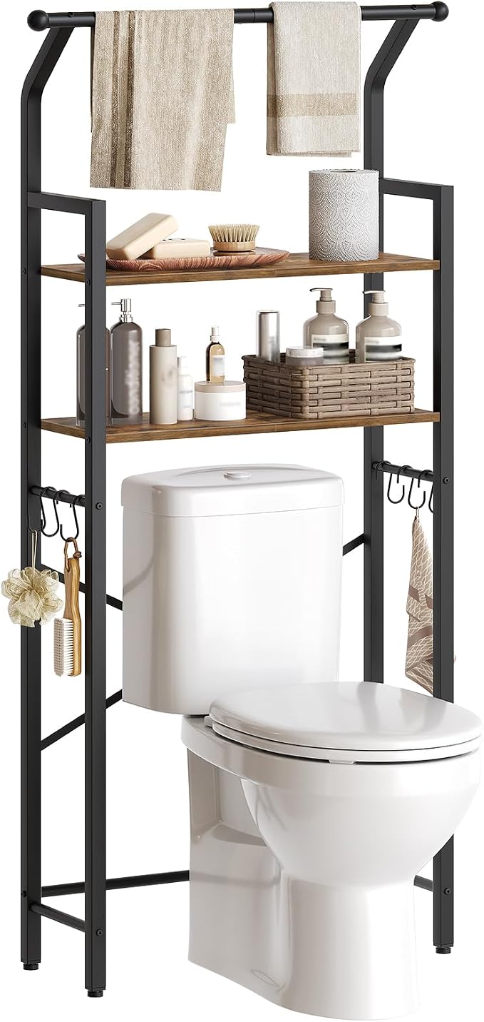 YATINEY 2-Tier Over The Toilet Storage, Multifunctional Vertical Over Toilet Bathroom Organizer, Freestanding Bathroom Storage Shelves with Hooks, Bathroom Organizer, Rustic Brown and Black TR01BR by Yatiney