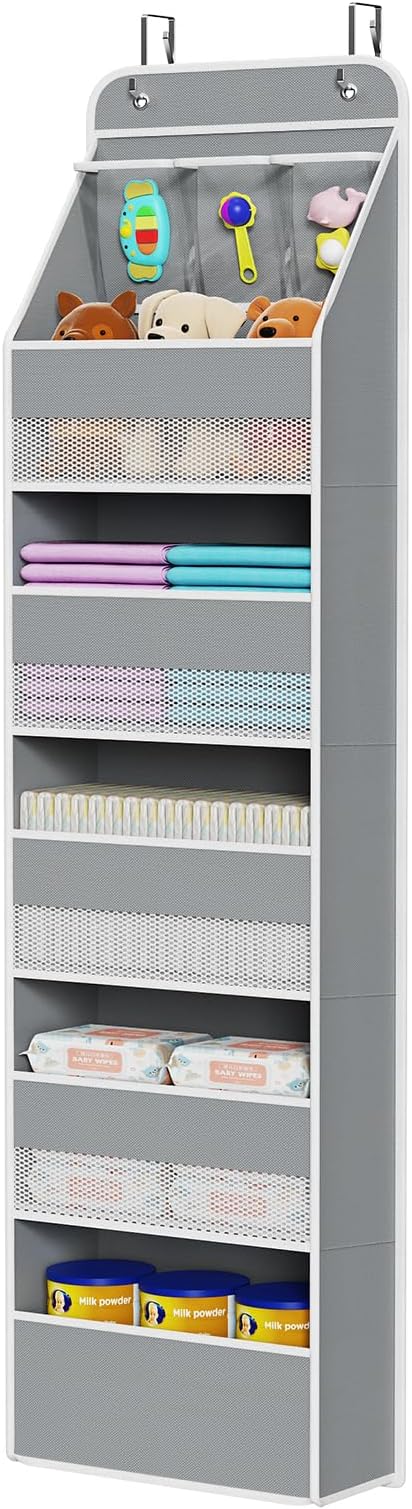 Univivi Fabric Over Door Hanging Organizer for Baby Nursery, Grey, 6-Shelf by Univivi