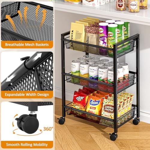 3IngSeagulls 3-Tier Expandable Rolling Pantry Floor Organizer, Stackable Pantry Storage Cart with Wheels, Kitchen Fruit and Vegetable Storage Rack for Onion, Potato, Food, Snacks - Image 5