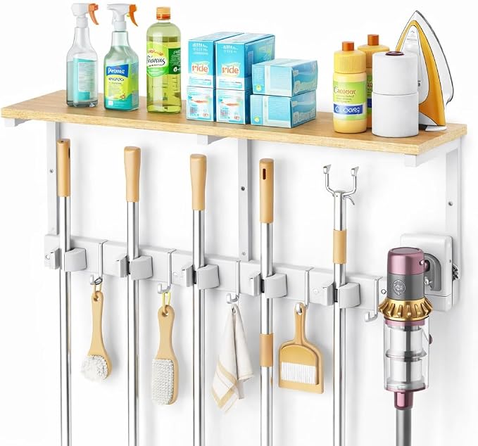 Upgraded Broom Holder Wall Mount with Shelf, Mop and Broom Organizer Wall Hanging, Cleaning Supplies Organizer with 5 Grippers, 4 Hooks and Vacuum Holder for Laundry Room, Garage, Kitchen by Unknown
