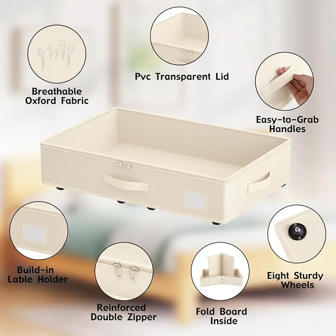 EE-RoomWorld Under Bed Storage with Wheels, No Assemble Required 5.5 inches height beige under bed storage bins,Low Profile Rolling Underbed Shoe Storage containers，dorm underbed storage drawers - Image 5
