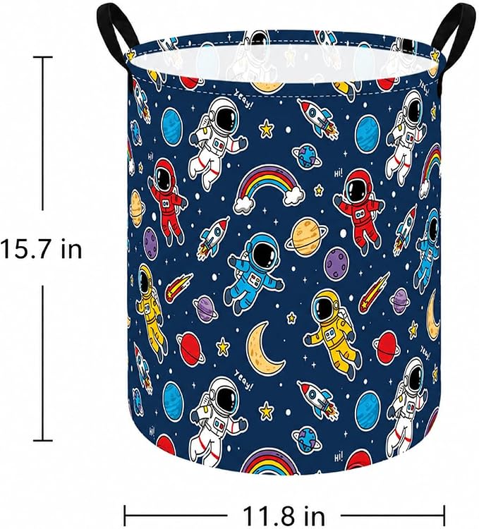 MAIZMZ Kids Storage Bin Astronaut Space Hamper,15.7" D x 19.7" H Waterproof Linen Laundry Basket with Leather Handles for Boys Room, Gifts - Image 5