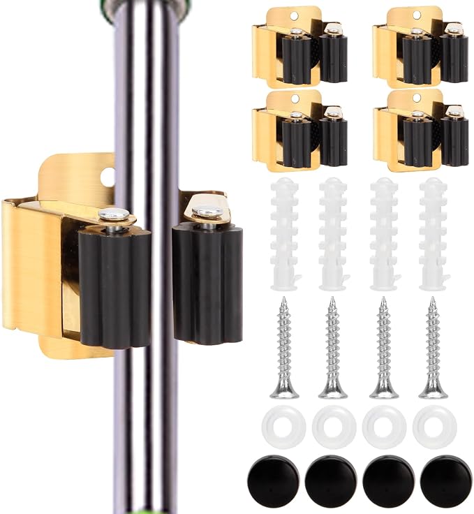 4pcs Anti-Slip Broom and Mop Holder,Wall Mounted Utility Rack with Screws,Stainless Steel Heavy Duty Mop and Broom Hanger,Space-Saving for Kitchen,Home,Bathroom,Garden,Garage Storage.Gold by blueden